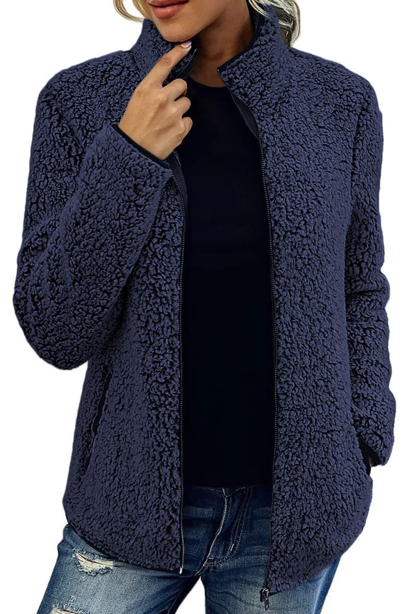 Damen kuschelige Fleecejacke mit hohem Kragen und praktischen Taschen Heidi-Mode