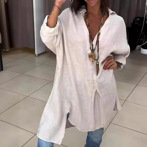 Damen Lässige Leinenbluse mit durchgehender Knopfleiste und umschlagbaren Ärmeln Heidi-Mode