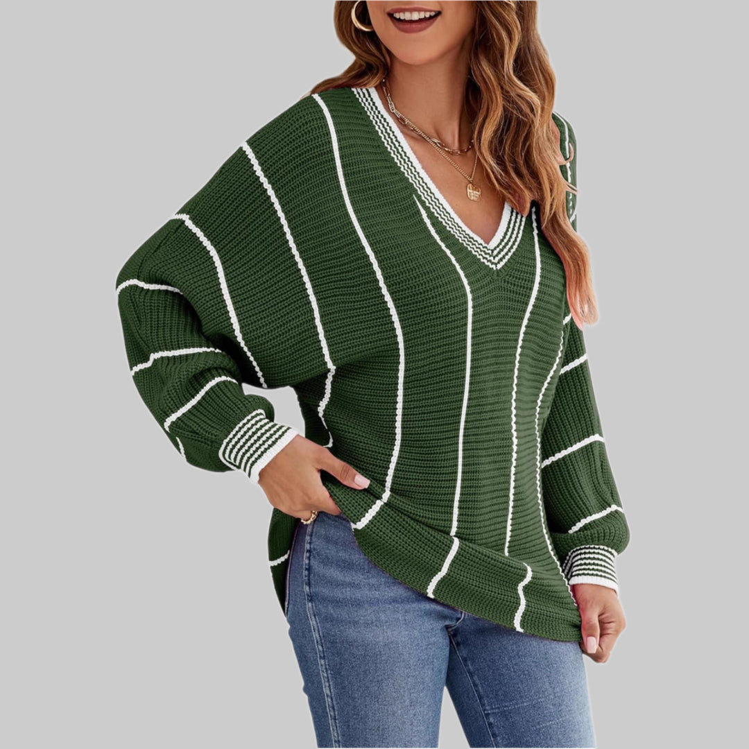 Damen lässiger V-Ausschnitt Pullover mit Streifenmuster Heidi-Mode