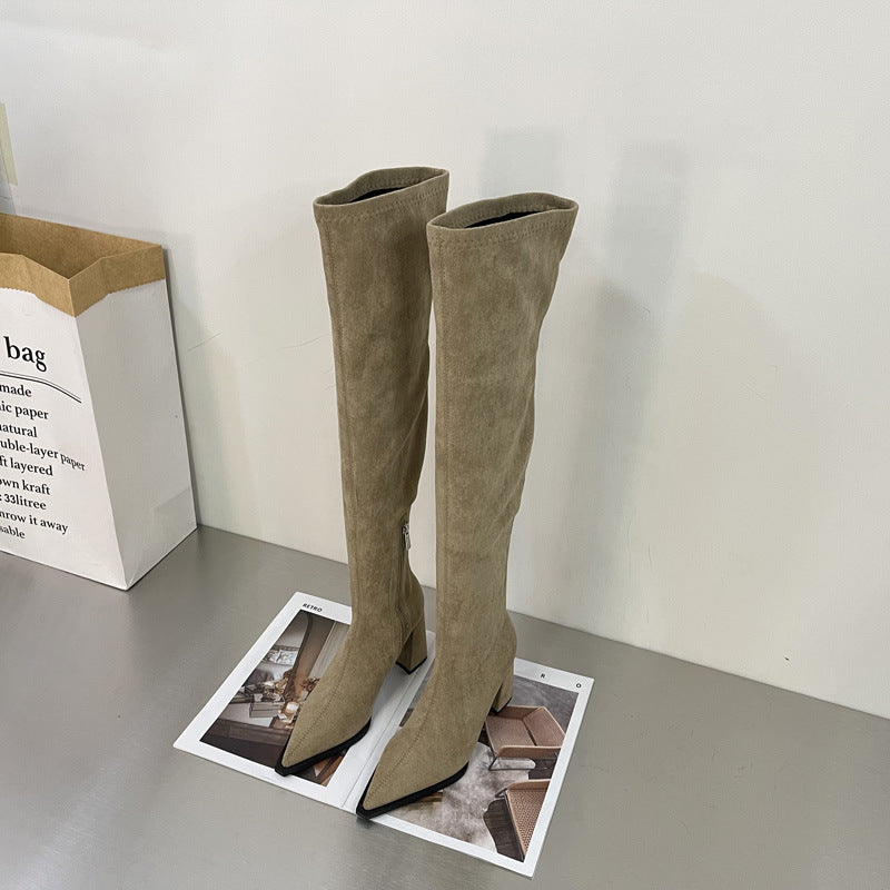 Heidi-Mode | Chunky Heel Hohe Stiefel Lange Wildleder Reißverschluss Stretch Dünn