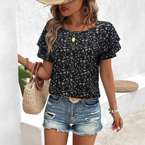 Damen Kurzarm Blusenshirt mit Rüschendetails und floralem Design Heidi-Mode