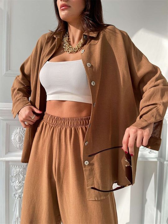 Damen lässiges Freizeit-Set mit übergroßem Hemd und weiten Hosen Heidi-Mode