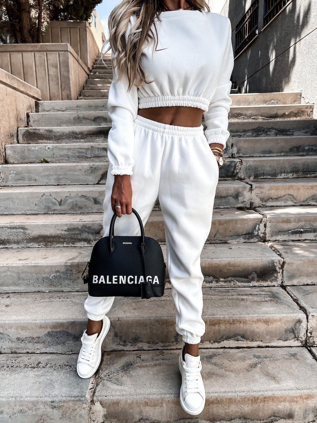 Damen lässiges Cropped Set mit elastischem Taillenzug und weiten Hosen Heidi-Mode