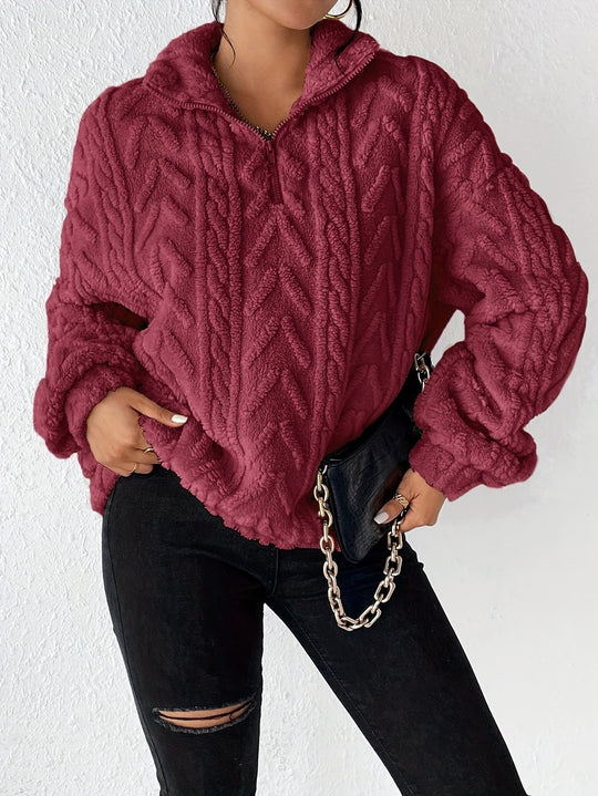 Damen Fleece Pullover mit hohem Kragen und strukturiertem Design Heidi-Mode
