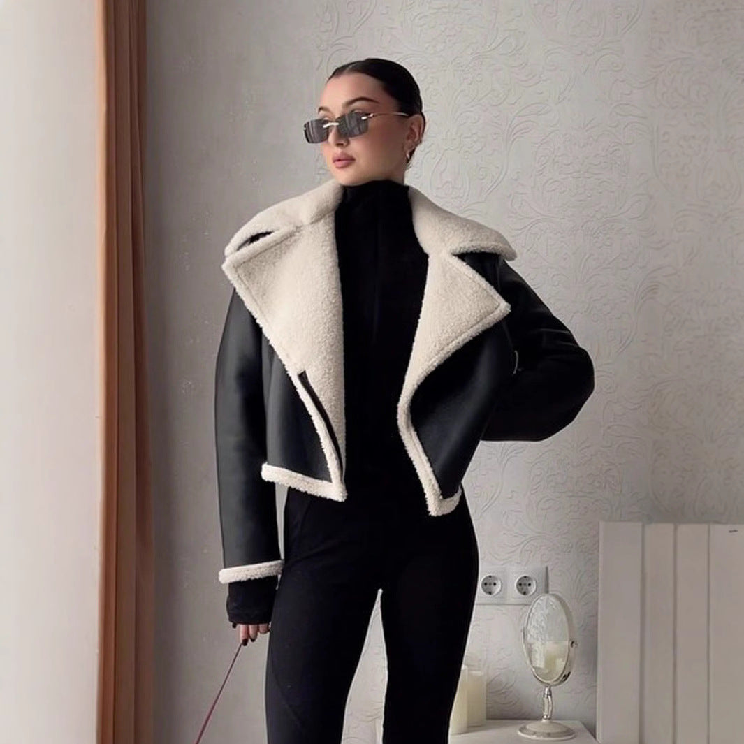 Damen Kunstfell-Bikerjacke mit gefüttertem Kragen und seitlichem Reißverschluss Heidi-Mode