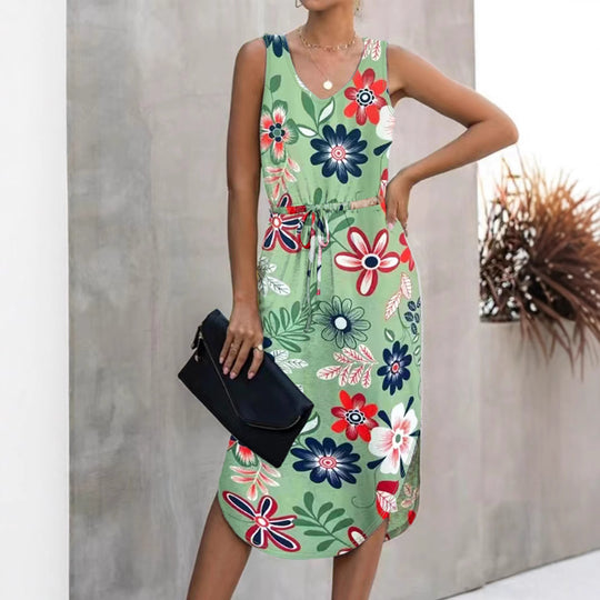 Damen Blumendruck Midi Kleid mit verstellbarem Bund Heidi-Mode