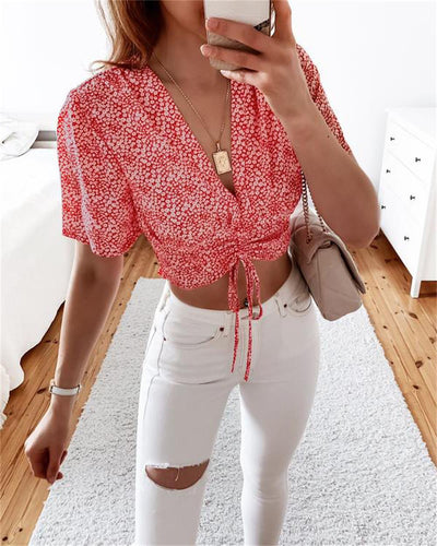 Damen Cropped Bluse mit floralem Design und Kordelzug Heidi-Mode