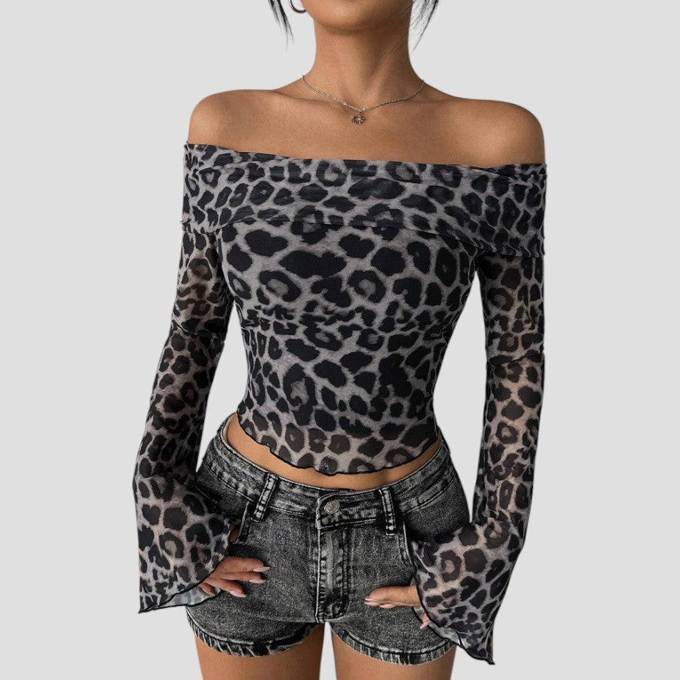 Heidi-Mode | Frauen Off Shoulder Leopardprint Mesh Oberteil Flare Ärmel