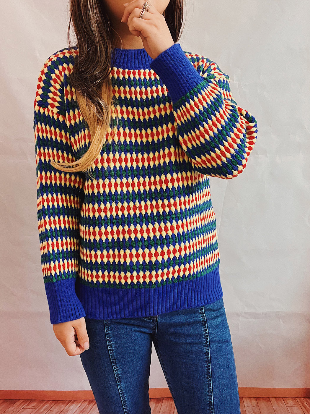 Damen lässiger Strickpullover mit buntem Rautenmuster und Rundhalsausschnitt Heidi-Mode