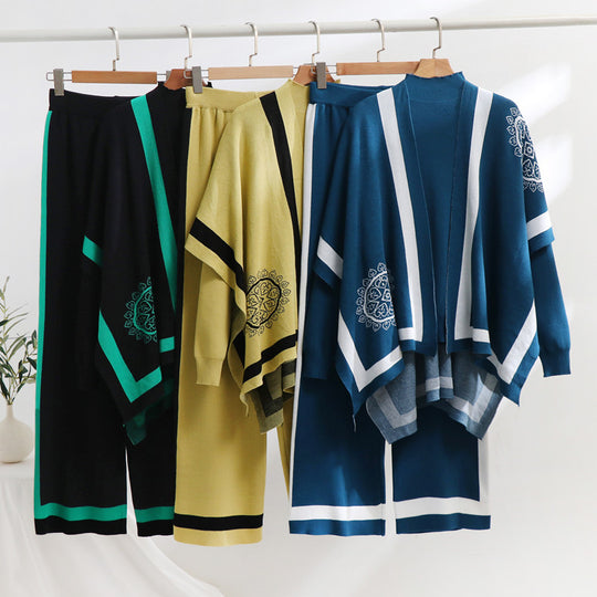 Damen elegantes Strick-Loungewear-Set mit grafischem Muster und weiten Ärmeln Heidi-Mode