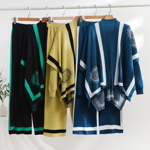 Damen elegantes Strick-Loungewear-Set mit grafischem Muster und weiten Ärmeln Heidi-Mode