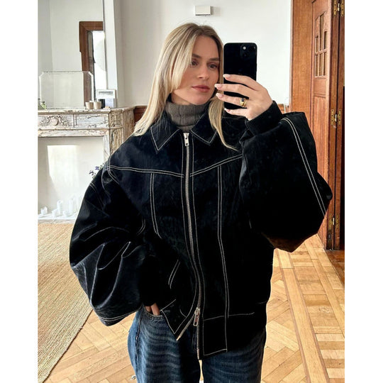 Damen Übergroße Fake-Leder Bomberjacke Heidi-Mode