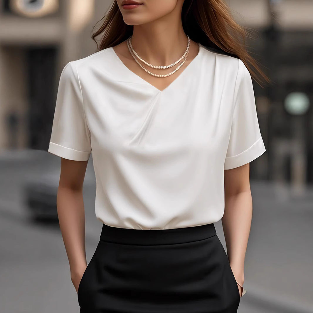 Damen Elegantes V-Ausschnitt Blusenshirt mit kurzärmeligen Design Heidi-Mode