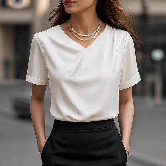 Damen Elegantes V-Ausschnitt Blusenshirt mit kurzärmeligen Design Heidi-Mode