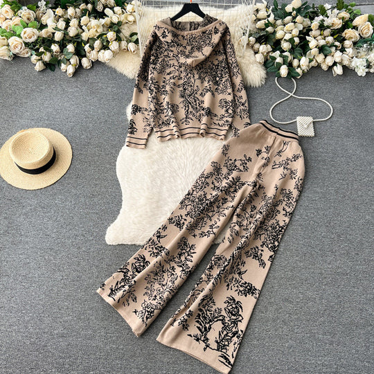 Damen modisches Freizeit-Lounge-Set mit Kapuze und floralem Muster Heidi-Mode