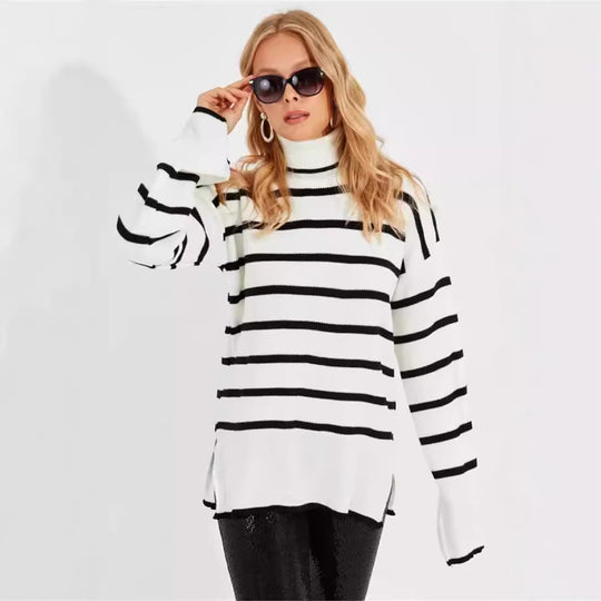 Damen gestrickter Rollkragenpullover mit modernem Streifenmuster und weitem Schnitt Heidi-Mode