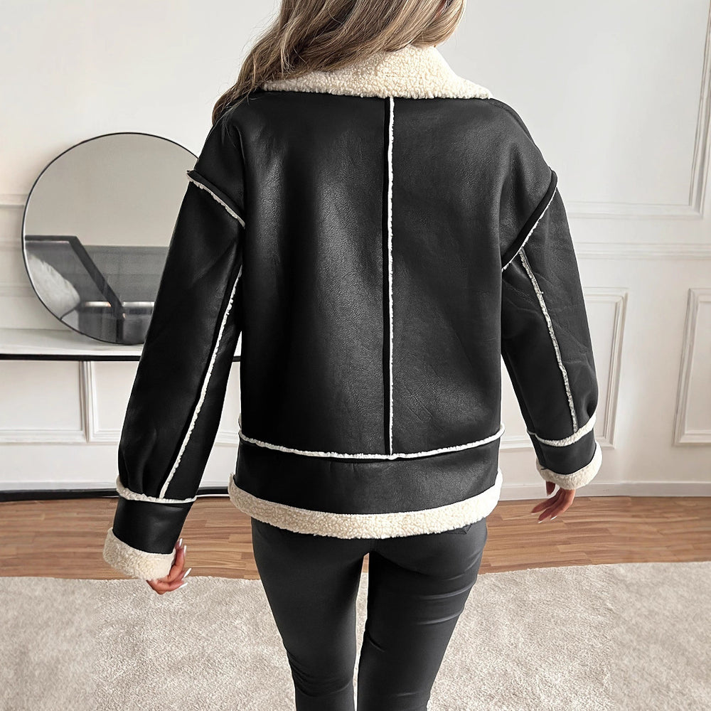 Damen stylische Kunstlederjacke mit Schaffellkragen Heidi-Mode