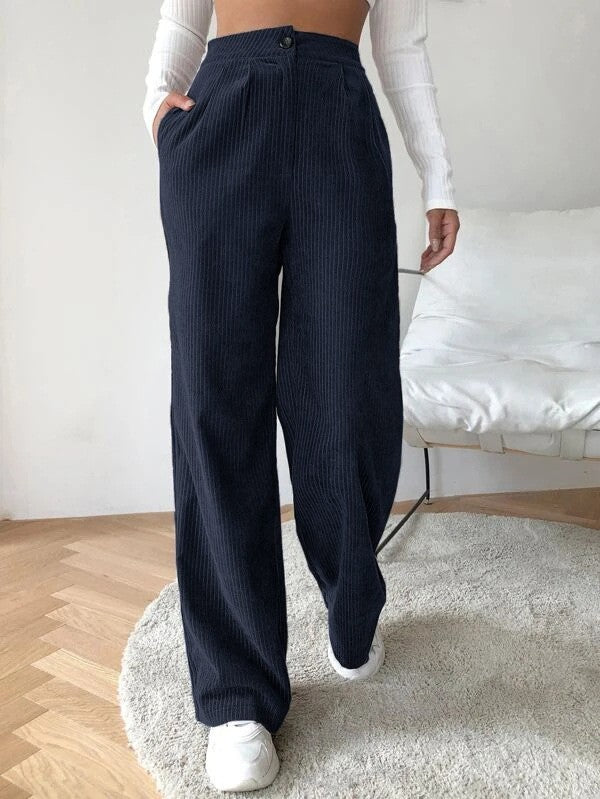 Damen Weite Cordhose mit hohem Bund und dekorativen Seitentaschen Heidi-Mode