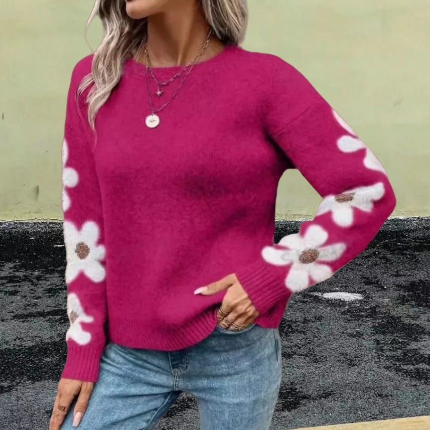 Damen Strickpullover mit floralem Muster und Rundhalsausschnitt Heidi-Mode