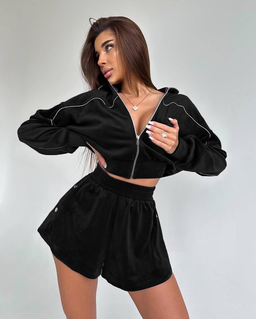 Damen Fleece-Sportset mit Reißverschluss und elastischem Bund Heidi-Mode