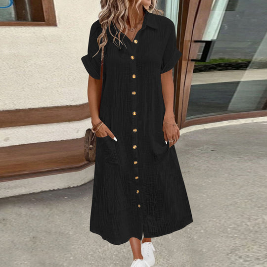 Damen lässiges Kurzarm-Hemdblusenkleid mit Knopfdetail und praktischen Taschen Heidi-Mode