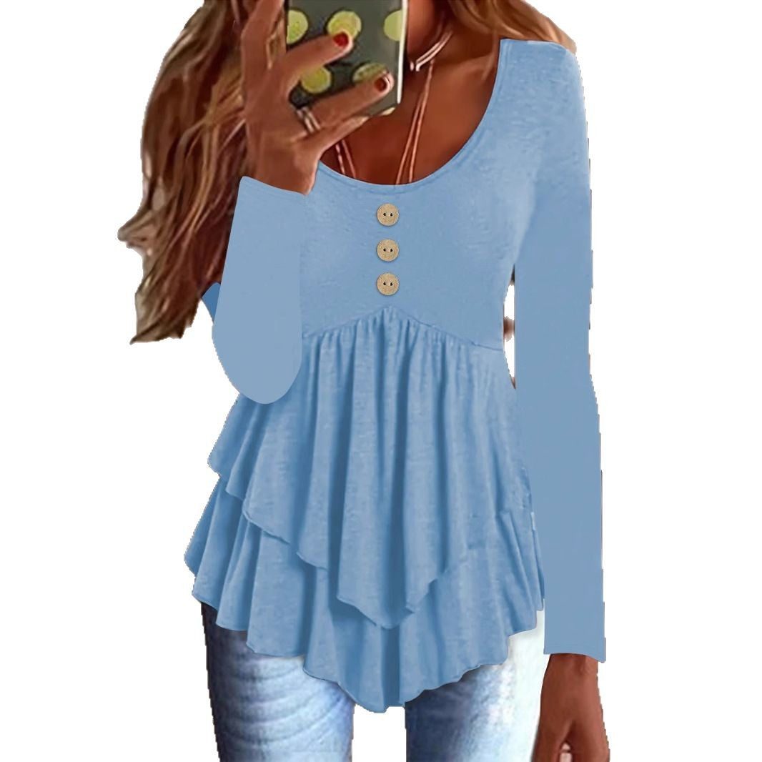 Damen Langarm Blusenshirt mit mehrlagigem Design und dekorativen Knopfdetails Heidi-Mode