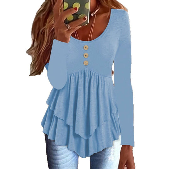 Damen Langarm Blusenshirt mit mehrlagigem Design und dekorativen Knopfdetails Heidi-Mode