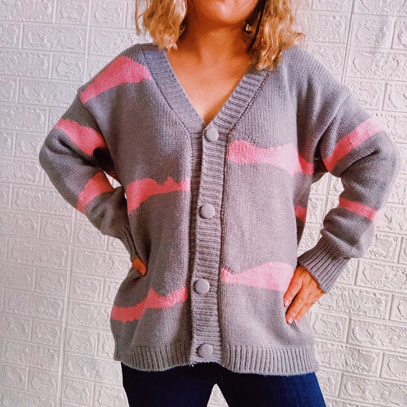 Damen gestreifte Strickjacke mit Knopfverschluss und weitem Schnitt Heidi-Mode