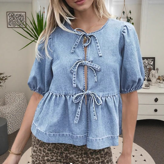 Damen Modische Jeansbluse mit dekorativen Schleifendetails und voluminösen Ärmeln Heidi-Mode