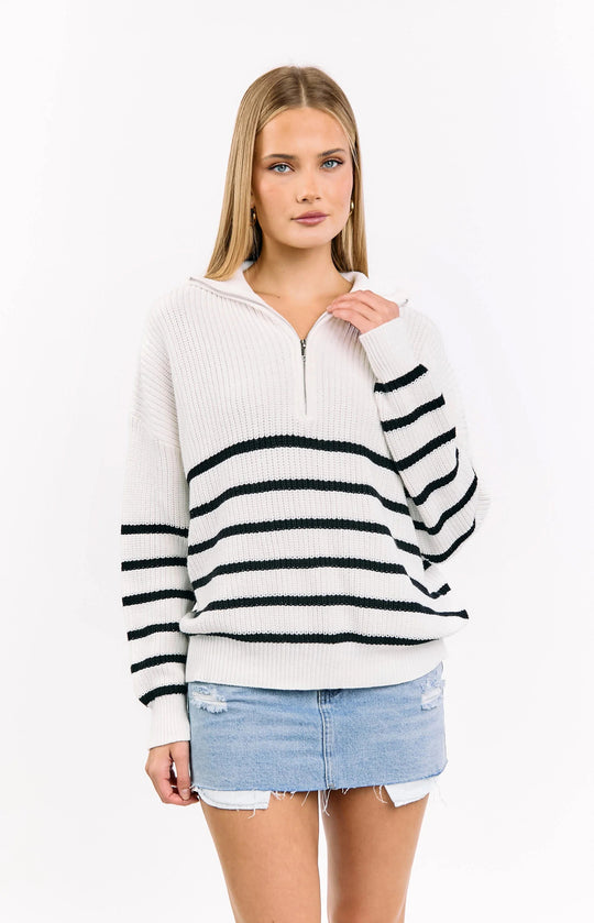 Damen sportlicher Strickpullover mit halbem Reißverschluss und Streifenmuster Heidi-Mode