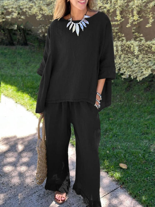 Damen lässiges Leinen-Outfit mit weitem Schnitt und angeschnittenen Ärmeln Heidi-Mode