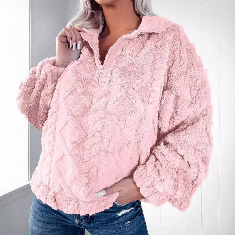 Damen Kuscheliger Fleece-Pullover mit hohem Kragen und Halb-Reißverschluss Heidi-Mode
