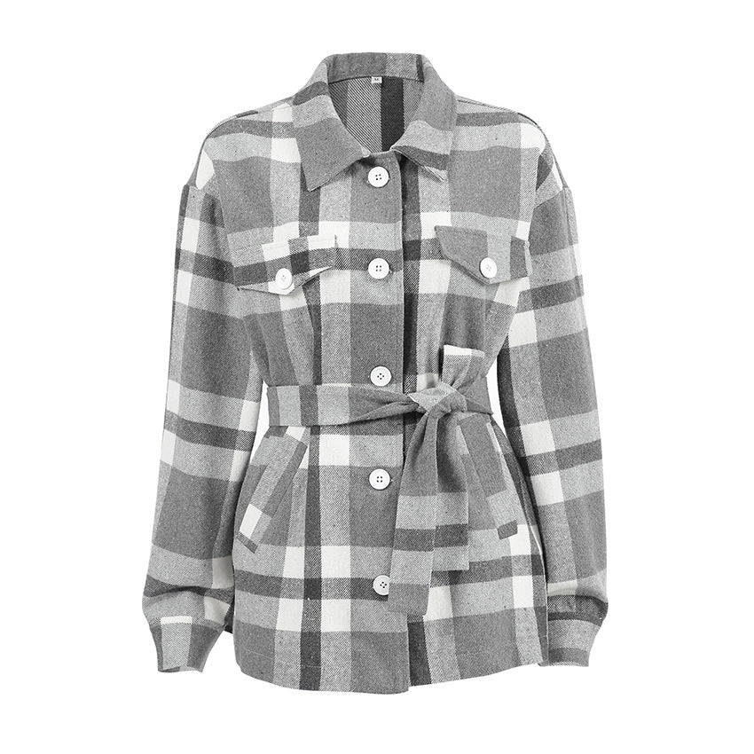 Damen Flanellhemdjacke mit Gürtel und Karomuster Heidi-Mode