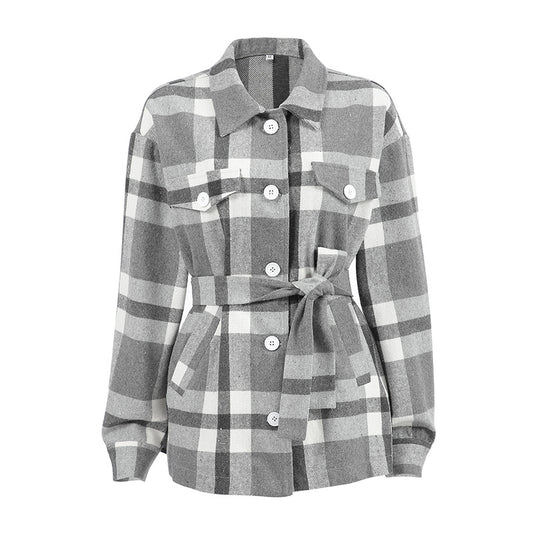 Damen Flanellhemdjacke mit Gürtel und Karomuster Heidi-Mode