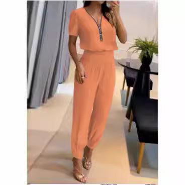 Damen Jumpsuit mit V-Ausschnitt und Gummizug Heidi-Mode