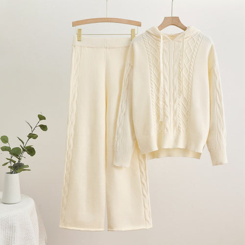 Damen lässiges Strick-Loungewear-Set mit Kapuze und breiten Beinen Heidi-Mode