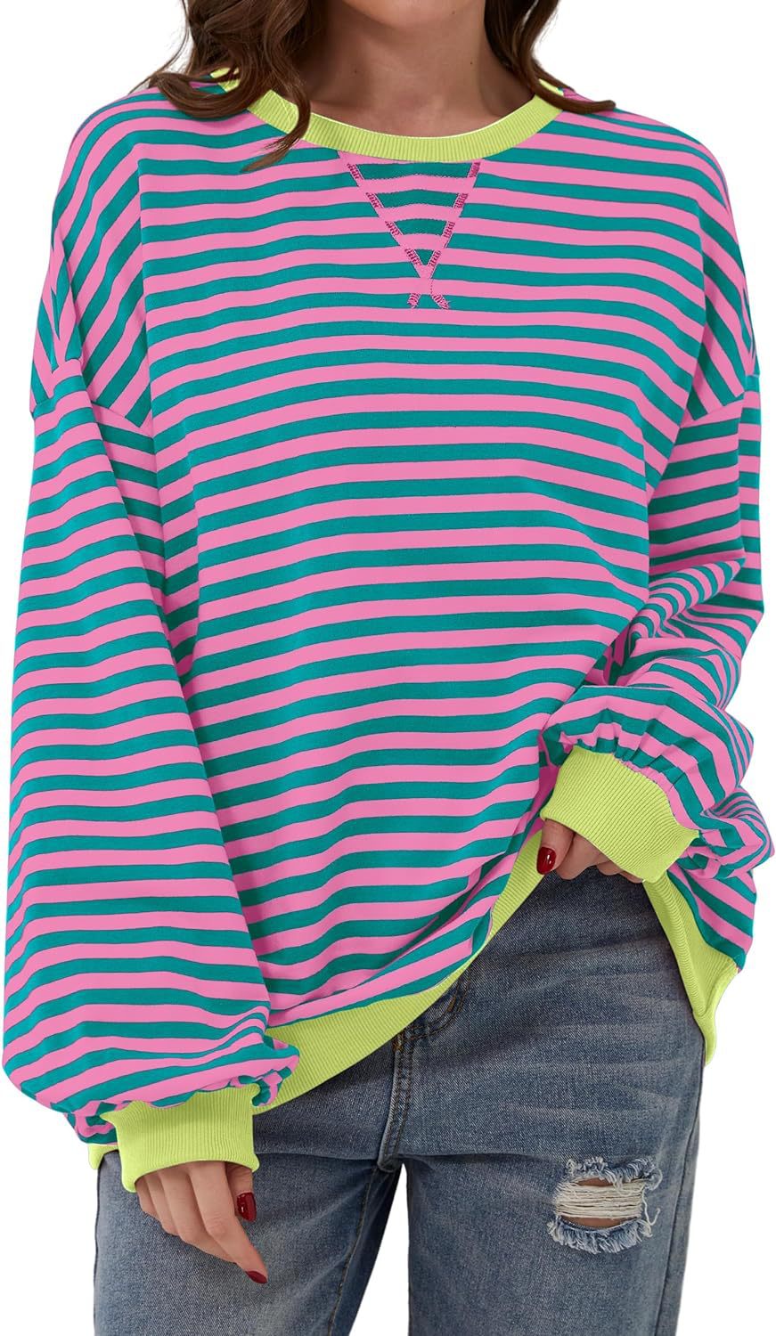 Damen lässiger Oversized Sweatshirt mit bunten Streifen und Kapuzenkordel Heidi-Mode