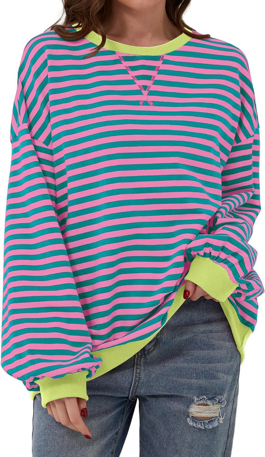 Damen lässiger Oversized Sweatshirt mit bunten Streifen und Kapuzenkordel Heidi-Mode