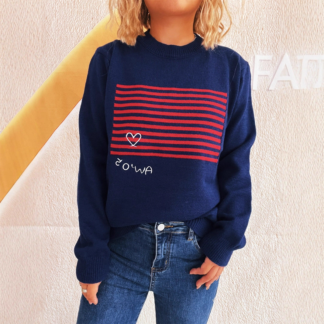 Damen lässiger Pullover mit gestreiftem Design und Herzapplikation Heidi-Mode