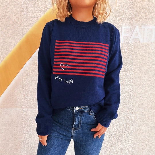 Damen lässiger Pullover mit gestreiftem Design und Herzapplikation Heidi-Mode