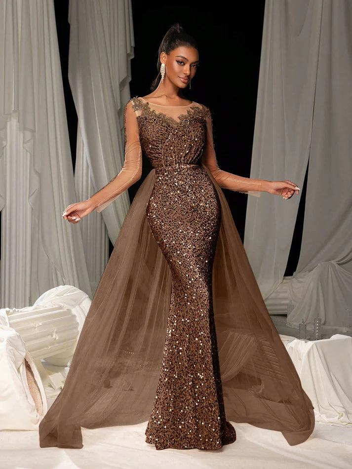 Damen Glitzerndes Abendkleid mit langen Ärmeln und transparentem Überrock Heidi-Mode