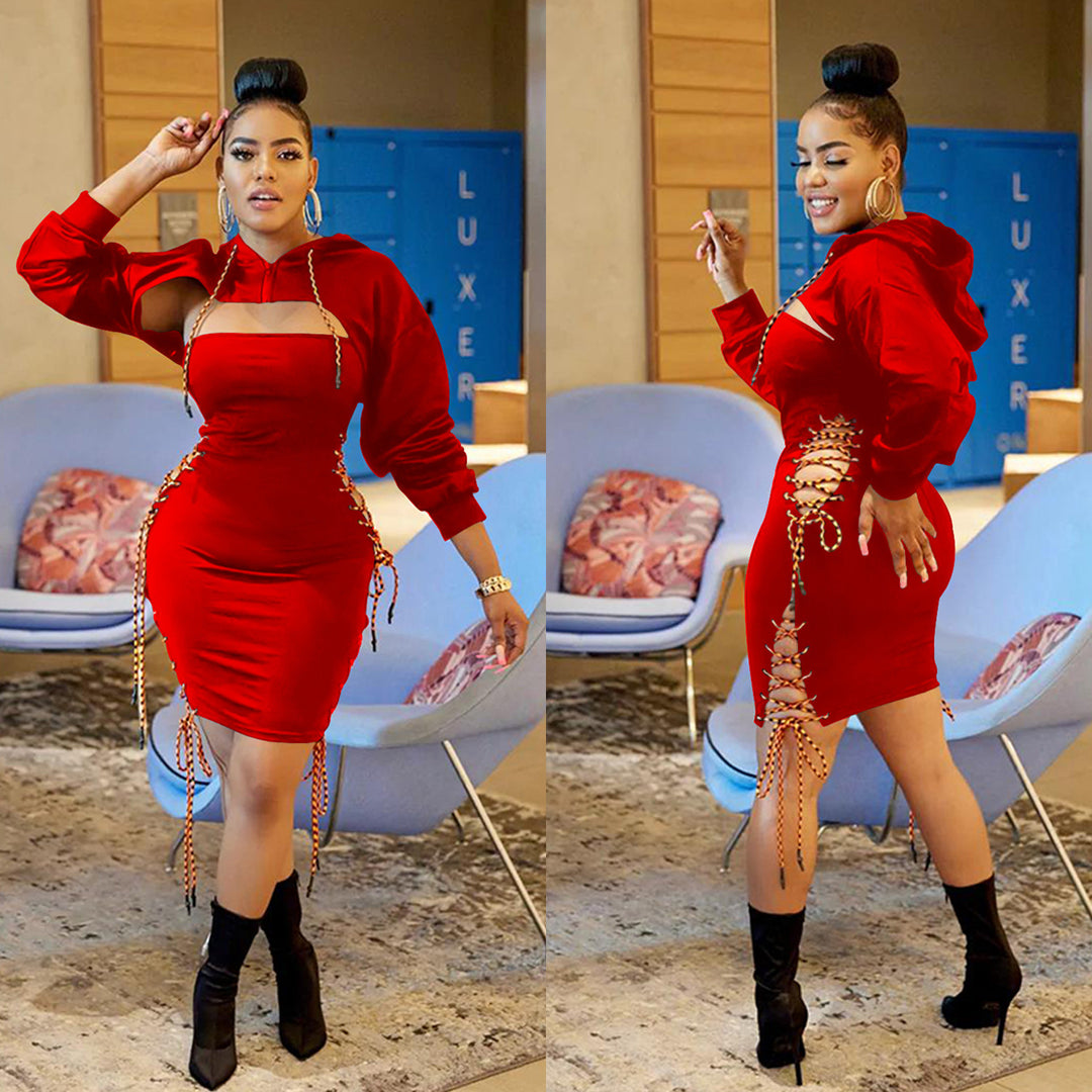 Damen Hoodie Kleid mit sexy Cut-Outs und Schnür-Details Heidi-Mode