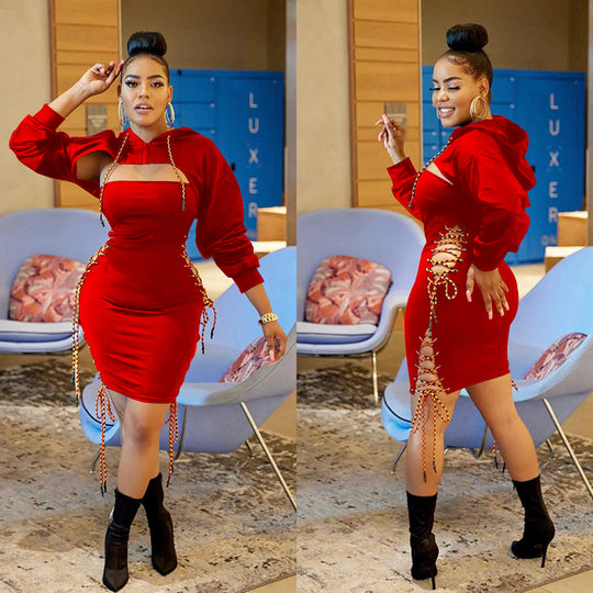 Damen Hoodie Kleid mit sexy Cut-Outs und Schnür-Details Heidi-Mode