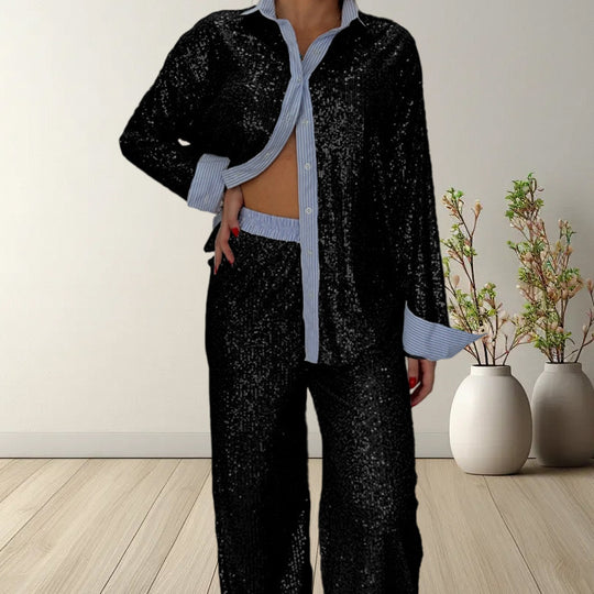 Damen Glitzerndes Pyjama-Set aus hochwertigem Material mit Schalkragen und eleganten Akzenten Heidi-Mode