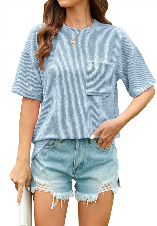 Damen lässiges T-Shirt mit strukturierter Textur und praktischer Brusttasche Heidi-Mode