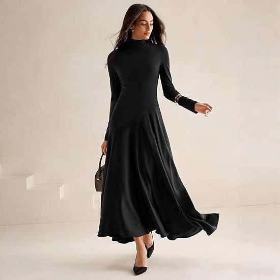 Damen Elegantes Langarm Maxikleid mit hohem Kragen und fließendem Rock Heidi-Mode