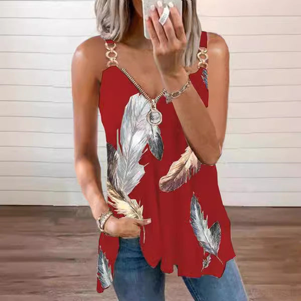 Damen Spaghetti-Träger Top mit elegantem Federmuster und Zipper-Detail Heidi-Mode
