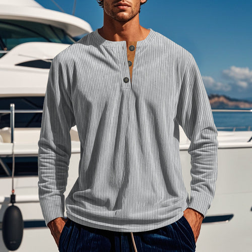 Herren Langarmshirt mit Knopfleiste und Rippstruktur Heidi-Mode