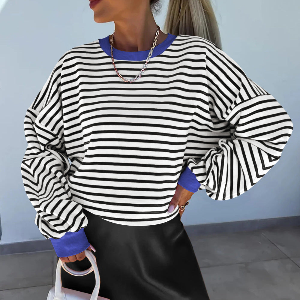 Damen Lässiges gestreiftes Sweatshirt mit voluminösen Ärmeln Heidi-Mode