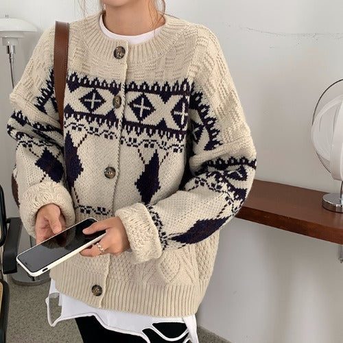 Damen Grobstrickjacke mit dekorativem Norwegermuster Heidi-Mode